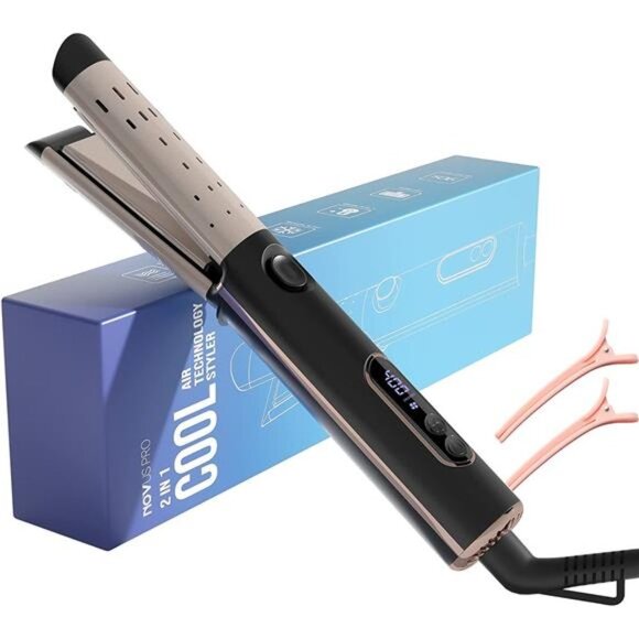 NOVUSPRO 2 in 1 Cool Air Technology Styler, 360°Airflow Curling Flat Iron for Al